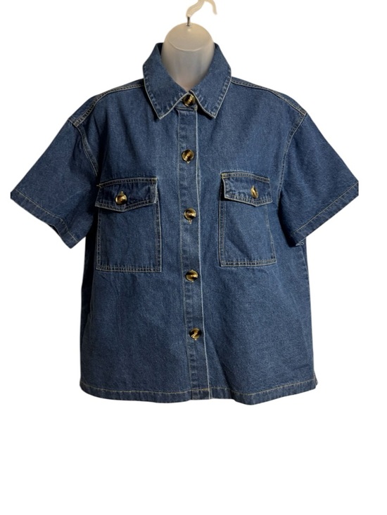 So Me Tops - Blue Denim Short Sleeve Button-Down Shirt  XLARGE    #11